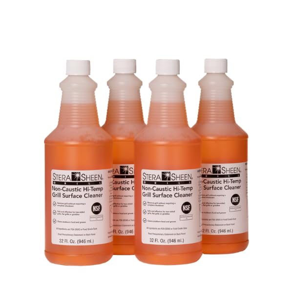 Grill Cleaner - Food Safe, Non-Caustic Formula - Restaurant & Cafe Quality Cleaner for Flat Top Grills and Griddles - Remove Tough Encrusted Grease - 32 fl oz Bottle (4 count)