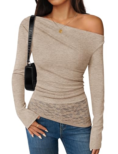 ZESICA Women's Long Sleeve Off Shoulder Tops Fall 2026 Casual Boat Neck Lace Slim Fit Going Out Y2k Shirts Blouses,Light Khaki,Medium