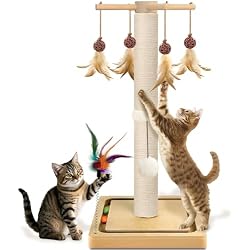 Cat Scratching Post, Sisal Scratcher with Enrichment Toys for Indoor Cats | 25 In Cat Tree Tower for Kittens, with Interactive Toys, Hanging Ball & Ball Track, 2 Mounting Methods, Thickened Wood Base