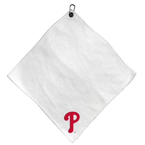 Team Golf MLB PHILADELPH Phillies Microfiber Towel - 15" X 15" (White) with Carabiner Clip, Premium Microfiber with Deep Waffle Pockets - Superior Water Absorption and Quick Dry Golf Cleaning Towel