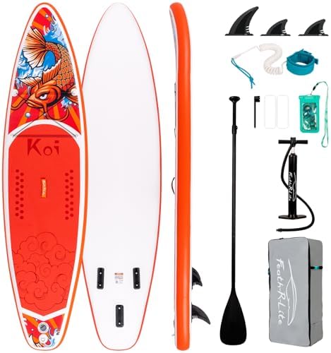FEATH-R-LITE Inflatable Paddle Board Stand Up Paddleboards for Adults SUP with Premium Accessories Pump, Adjustable Paddle, Leash, Three Fins, Backpack (Red Koi)