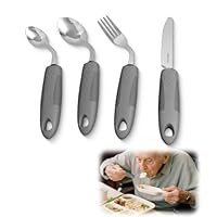 WRQIOO 4-Teiliges Parkinson Besteck, 42° Winkel Adaptives Besteck für Parkinson, Gewichtetes Besteck Bei Tremor für Behinderte Menschen Parkinson Patienten Ältere Arthritis(Grau: Rechtshänder)