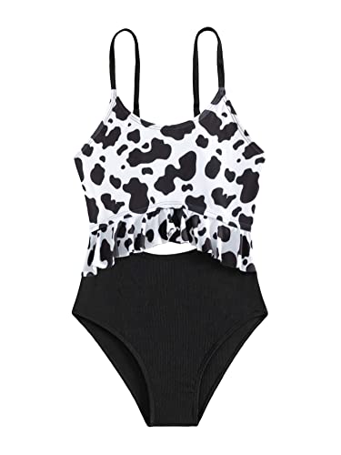 WDIRARA Girl's Cut Out One Piece Swimsuit Cow Print Ruffle Trim High Waisted Swimwear hot Pink and Yellow 10Y