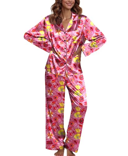 Image of Ekouaer Pajamas For Women Set Silk Pjs 2 Piece Satin Sleepwear Long Sleeve Button Down Lounge Sets With Pant