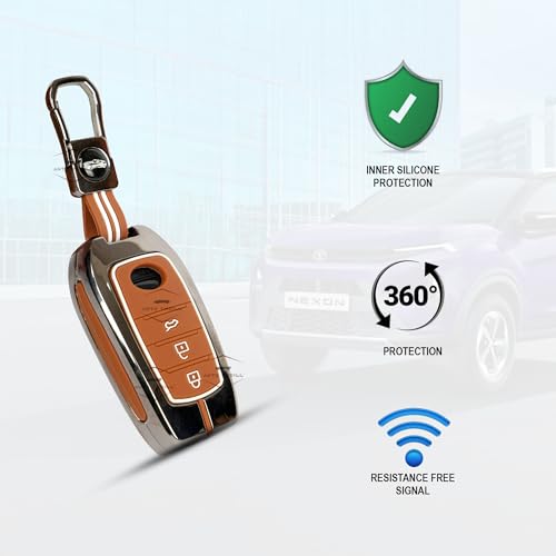 Image of Auto thrill Premium Key Cover Compatible with Toyota Fortuner | Fortuner Legender | Innova Hycross | Invicto 3 Button Smart Key (Chrome, Brown)