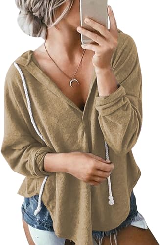 Image of Womens Long Sleeve V Neck Hoodie Sweatshirts Lightweight Pullover Tops