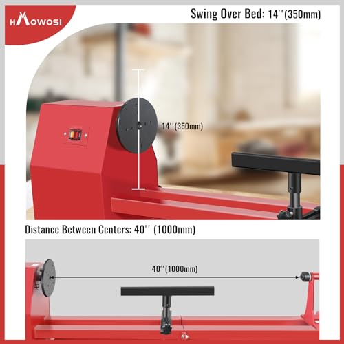 HAowosi Upgraded Wood Lathe 14\" x 40\", Power Wood Turning Lathe Adjustable 4 Speed 810/1180/1700/3400RPM, Benchtop Mini Wood Lathe with 5 Chisels for Woodworking