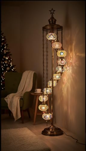 DEMMEX 11 Globe Turkish Moroccan Mosaic Floor Lamp, 7ft Tall - Tiffany Style Standing Decorative Boho Lamp with Colorful Globes for Bedroom, Living Room, Entryway – Handmade in Turkey, Multicolor