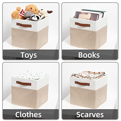 Hnzige Fabric Storage Baskets Cubes Bins For Shelves, 11 X11 Foldable Storage Bins, Decorative Storage Basket With Leather Handles For Storage Clothes Home Nursery(White Beige-4Pack) #TOP6