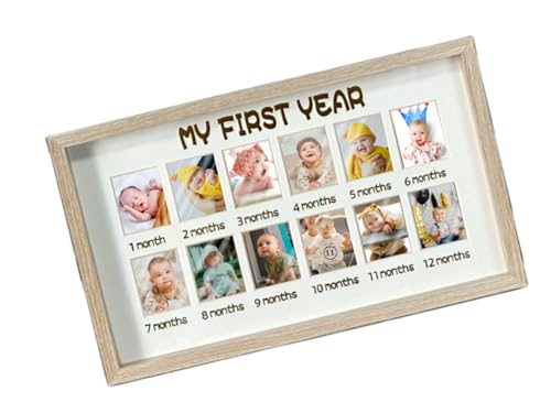 Newborn Baby My First Year Photo Display Wood Board Photo Frame Milestone 12 Months Picture Progress Boy Girl 1st Birthday Nursery Decor Keepsake Memory Shower Gift for Mom