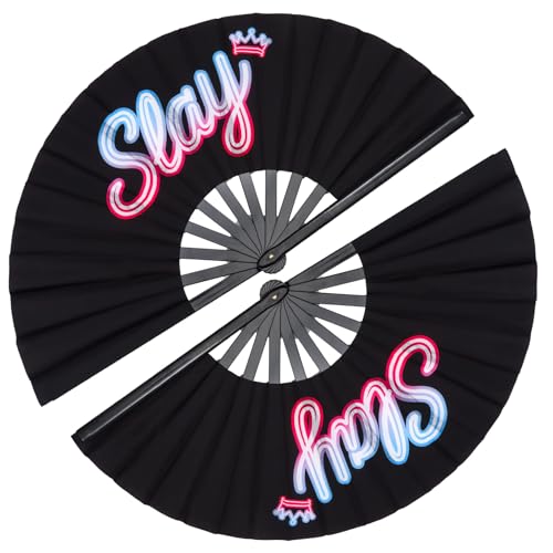 ZESTLASH 2 Pack Large Portable Rave Folding Fans, Loud Clack Popping Fan for Line Dancing, Boots On The Ground & Festival Party (Slay)
