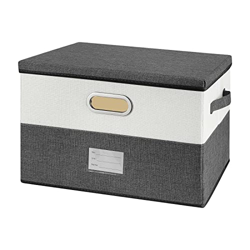 Image of Large Linen Fabric Foldable Storage Bins with Removable Lid and Handles, Washable Storage Box Organizer Containers Baskets Cube with Cover for Bedroom,Closet,Office,Nursery(Grey&Cream, Medium)