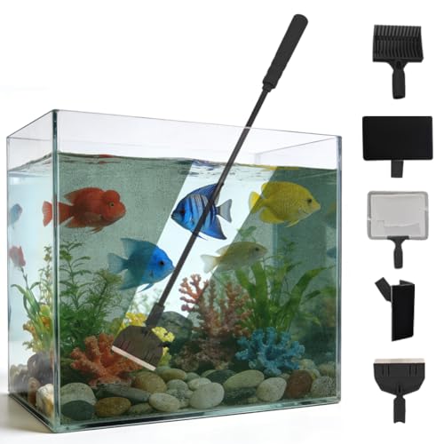 Aquarium Reinigungsset 5 in 1 set mit 50 cm Scheibenreiniger & Algenkratzer für Glasbecken, mit Bürste, Netz, Kiesrechen, Schwamm & Winkelbürste – aquarium Zubehör für Nano mini & Fish Tank