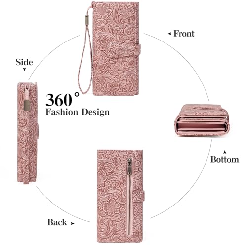 Image of Wristlet Wallet for Women Leather Clutch Purse Trifold Card Holder RFID Blocking Large Capacity Pink