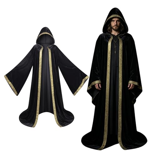 Colorful House Velvet Wizard Robe with Hooded and Sleeves, Halloween Fancy Cool Cosplay Costume(Black, 56"/140cm)