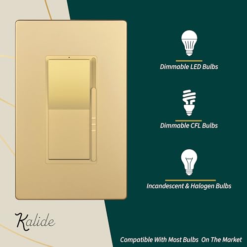 Image of TOPGREENER Kalide Dimmer Light Switch, LED Dimmer Switch, Full Range Dimming, Single Pole /3-Way, 120VAC, 60Hz, 300W LED /CFL, Neutral Wire Not Required, Gold, 1 Pack,Wall Plate Included