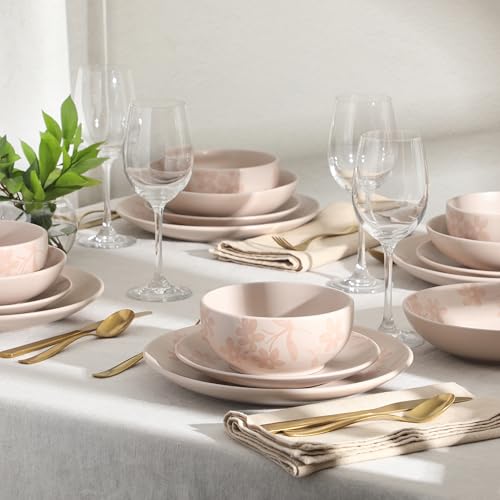 Image of Gibson Home Admiral Hall Plates and Bowls Set, 16-Piece Floral Dinnerware Set, Pink Stoneware Dish Set, Dinner Plates, Salad Plates, Pasta Bowls & Cereal Bowls
