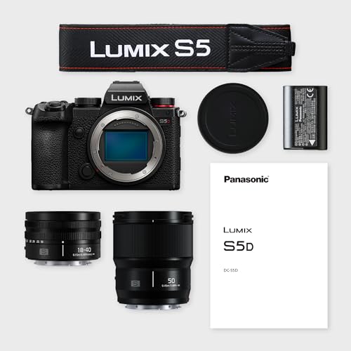Image of Panasonic DC-S5DWE-K Lumix S5D Full Frame Mirrorless Camera Body, 24.2MP, 4K 60P Recording, Live View Finder, Free Angle Monitor, Wi-Fi, Bluetooth, with S-R1840E 18-40 mm & S-S50ME 50 mm Lenses, Black