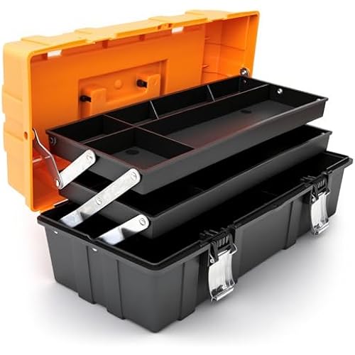 Torin 17-Inch Plastic Tool Box,3-Tiers Multi-Function Storage Portable Toolbox Organizer, Black/Orange ATRJH-3430T