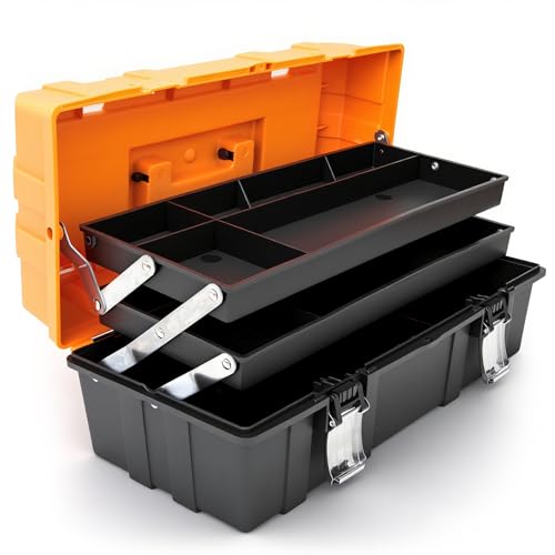 Torin 17-Inch Plastic Tool Box,3-Tiers Multi-Function Storage Portable Toolbox Organizer, Black/Orange ATRJH-3430T