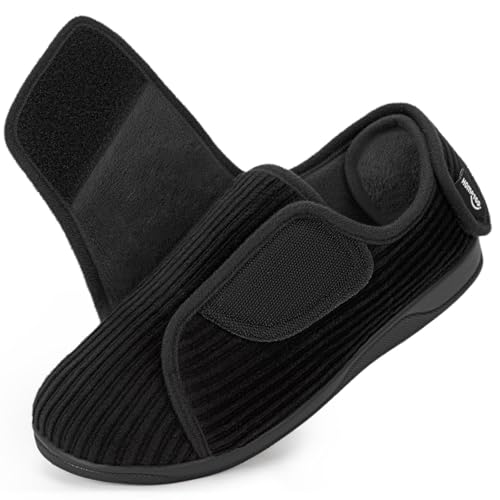 HomeTop Chaussons d'intérieur Femme à Talon Fermé – Large Coupe Ajustable, Lanière Velcro, Semelle en Mousse à Mémoire Noir Mat, 41 EU