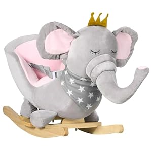 Qaba Baby Rocking Horse Elephant Rocking Chair Toddler Rocker Toy with Sound Wooden Base Seat Safety Belt for 1.5-3 Year Old, Gray