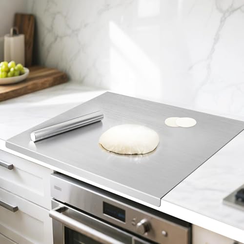 Image of Stainless Steel Chopping Board with Lip | Heavy Duty Cutting Board for Vegetables, Meat, Fish & Fruits | Non-Slip, Rust-Proof, Hygienic | Durable, Easy to Clean | Includes Rolling Pin