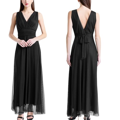 VALORIALUXE Abito Lungo da Cerimonia Donna in Tulle Elasticizzato con Scollo a V – Made in Italy (IT, Testo, L, Regular, Regular, Nero)