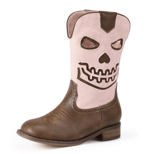 PANDANINJIA Girls Cowboy Boots For Boys Kids Toddler Western Mid Calf Cowgirl Boots Riding Shoes With Halloween Skull Element Booties