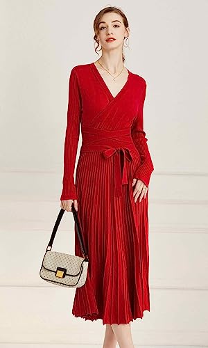 Image of Women's Long Sleeve Sweater Dress Ankle Length Fall Dress Vneck Knit Winter Dress