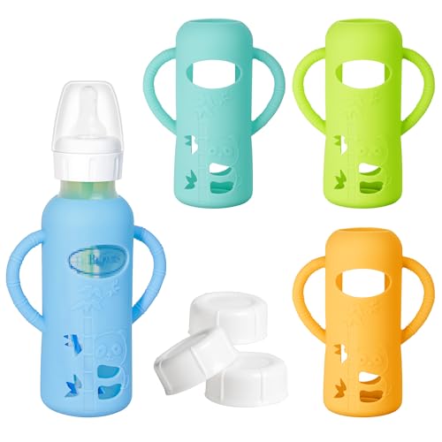 Image of 3 Pack Silicone Sleeve with Handle + Narrow Storage Caps, Anti Breakage Baby Bottle Holder, Compatible Dr. Brown's Narrow Baby Bottle(Orange+Blue+Green), 8 oz/250 mL
