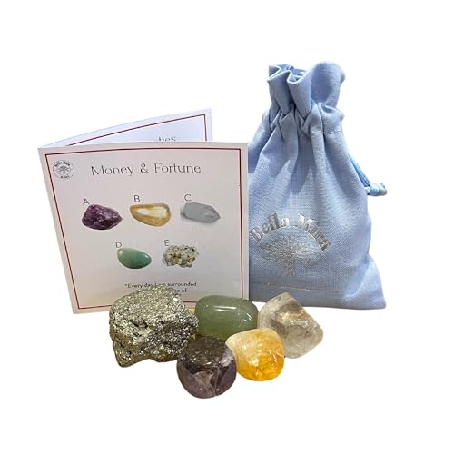 Cristales de dinero y fortuna, selección de 5 piedras diseñadas en el Reino Unido para aumentar la nobleza, la prosperidad, la energía, la imaginación, la creatividad, viene con bolsa de regalo, guía