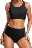 Tempt Me Women Two Piece Black High Waisted Bikini Set Sporty Swimsuits Bathing Suit with Bottom for Teen Girls L