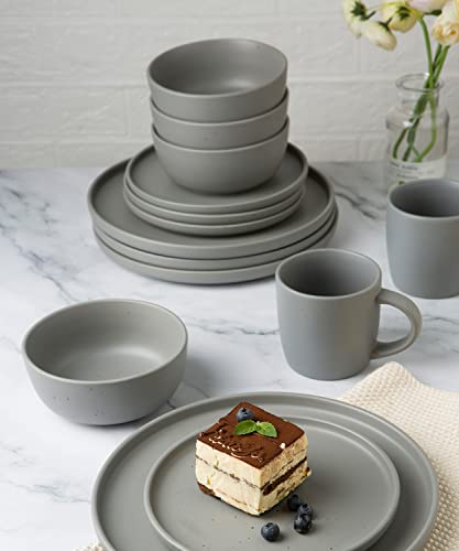 Famiware 12 Piece Plates And Bowls Set, Speckled Dinnerware Sets For 4, Matte Dish Set, Microwave And Dishwasher Safe, Dark Grey #TOP6