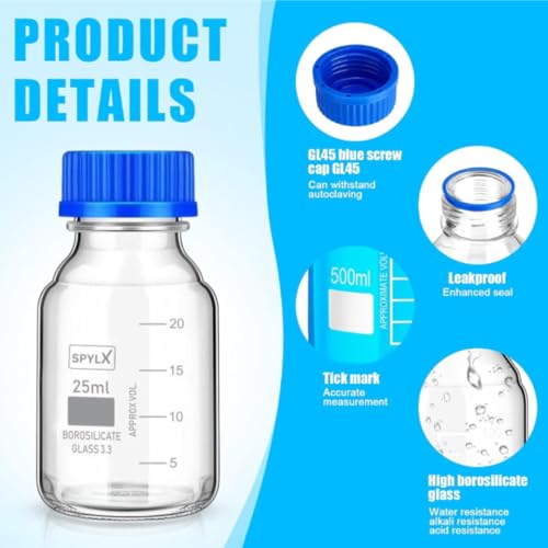 Image of Borosilicate Glass reagent bottle 25ml with leak proof Blue Screw Cap pack of 4 for glassware wide mouth chemical bottles for lab, laboratory, kitchen and professional use