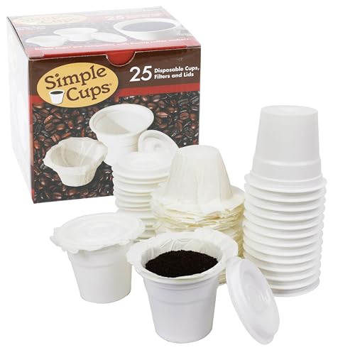 Disposable Cups for Use in Keurig® Brewers - Simple Cups - 25 Cups, Lids, Filters with Easy Close Stand - Use Your Own Coffee