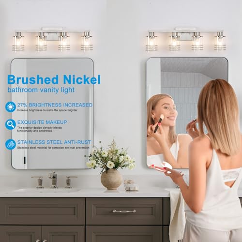 Image of YYT Brushed Nicekl Bathroom Light Fixtures 4 Light Bathroom Vanity Light Brushed Nicekl Vanity Lights for Bathroom with Clear Glass Shade
