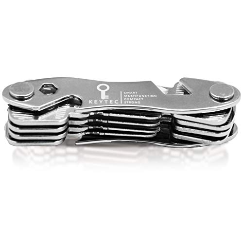 Compact Key Organizer by KEYTEC - Smart Key Holder with Multitools - Bottle Opener Phone Stand – Black Zinc Alloy Key Storage up to 12 keys – Gift Box Package (Expansion kit & Hook Included) Silver