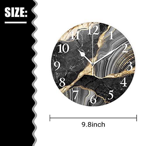 Acozuhse Marble Texture Wall Clock, Black Flow Gold Marble Texture Frameless Wall Clock, Battery Operated 9.8"X9.8" Round Wall Clock For Kitchen Living Room Bedroom Office Wall Decor #TOP4