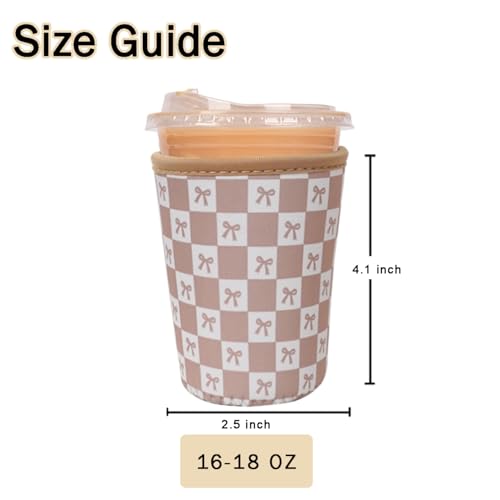 Image of Reusable Insulated Sleeve for Iced Coffee Cup, Coffee Neoprene Sleeve for Cold & Hot Drinks, Beverage Holder for Iced Coffee (Caramel Checkered Bows, Small: 16-18oz)