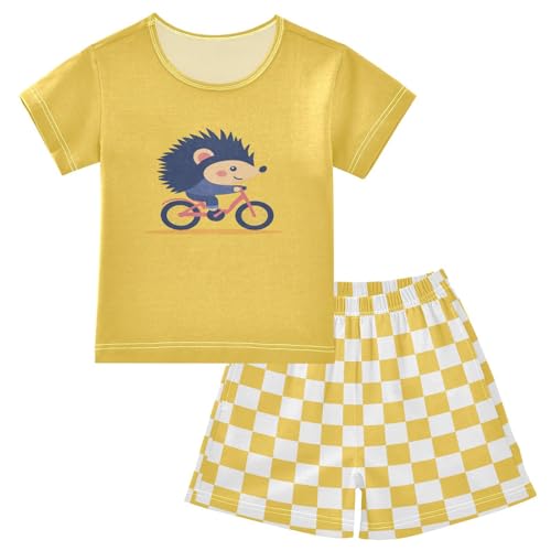 Checkerboard Plaid Hedgehog Ride Yellow Pajama Set Short Sleeve PJS 2 Piece Summer Pajamas Shorts Sets Cotton 5Y