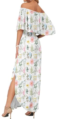 Image of AUSELILY Womens Off Shoulder Ruffle Split Summer Maxi Dresses with Pockets | Off-shoulder Ruffle dress with empire waist & side split for summer beach and casual parties