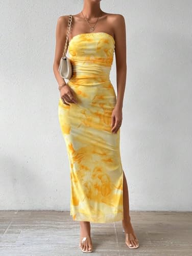 Women's Strapless Tube Top Dress Summer Tie Dye Floral Bodycon Wedding Guest Maxi Slit Dresses Vacation & Party Club4