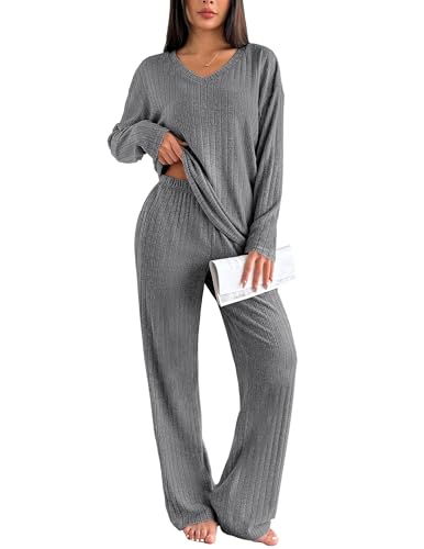 Ekouaer Schlafanzug Damen Lang Gerippt Zweiteiliger Pyjama Set Winter Loungewear Warm Hausanzug mit Flauschigem Stoff, Grau L