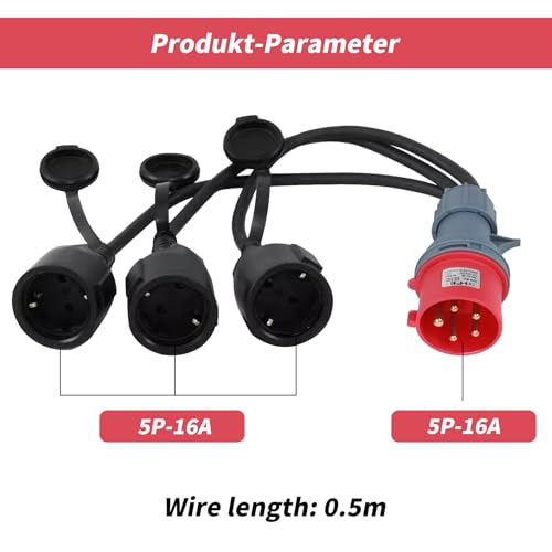CEE Adapter Starkstrom Verteiler 400V 16A Stecker auf 3X 230 V Kupplung Verlängerungskabel, Camping CEE-Adapterleitung mit Klappdeckel & Schutzkontaktsteck, für Caravan, Industrie, Außenbereich