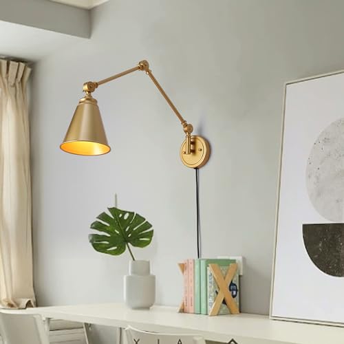 Image of SUNLLOK Modern Gold Plug in Wall Sconces - Industrial Adjustable Swing Arm Hanging Wall Light Fixture - Indoor Rustic Reading Wall Lamp Decoration for Living Room, Kids Bedroom, Office (1)