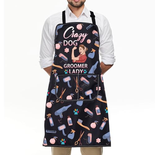 ENSIANTH Crazy Dog Groomer Lady Schürze mit Taschen für Frauen – Haarschneideschürze für die Fellpflege, Schürze mit Hunde-Motiv, M