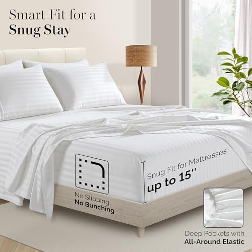 Casa Platino 100% Egyptian Cotton Sheets California King Size Set - 6 Pieces - Damask Stripe- Smooth Sateen Weave Bed Sheets, 15" Deep Pocket - Pure White Sheet Set