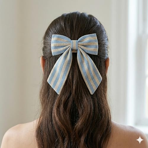 Image of Radhu & Kabby Premium Fabric Hair Bow Clip for Women & Girls | Cute Striped Cotton Bow Hair Accessory