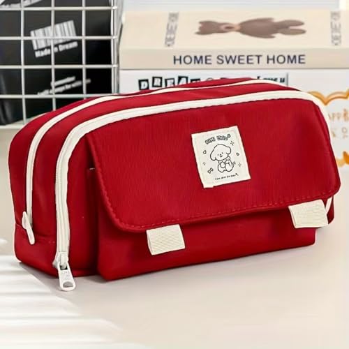 Image of Kawaii Cute Aesthetic Pencil Case for Students | Large Capacity Multi-Pocket Pencil Pouch with Zipper | Cartoon Stationery Organizer Bag for School, College & Office Supplies (So Cute - Red)